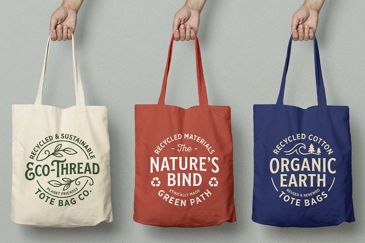 Recycled tote bags printed by 4OVER4.COM, showing the fabric texture up close