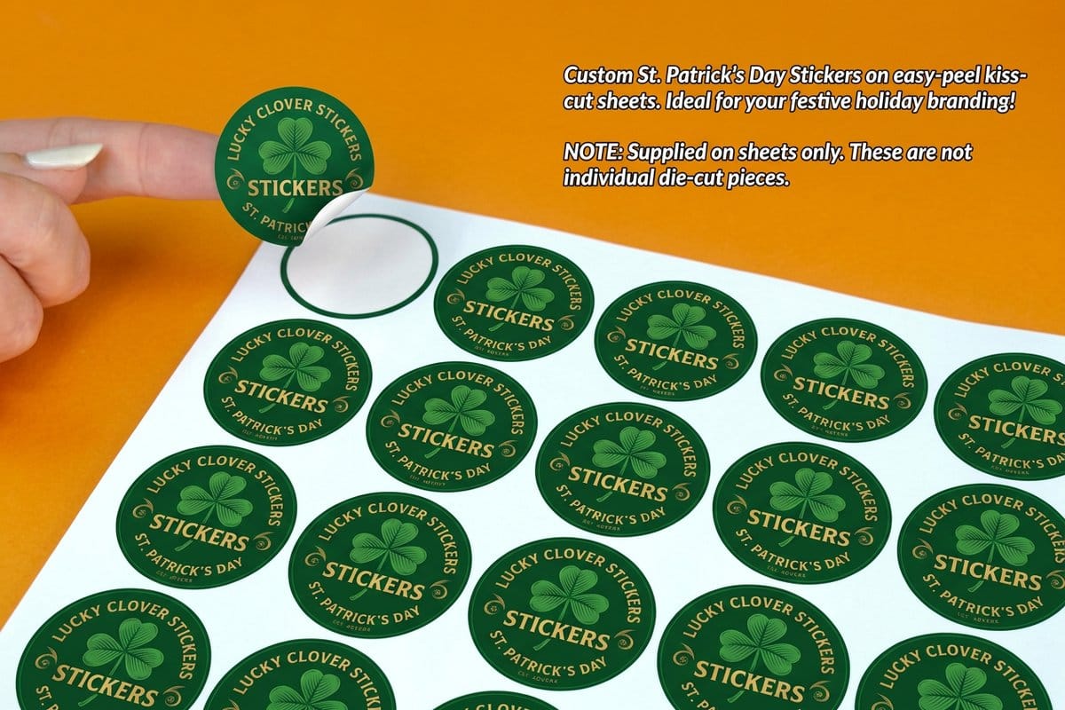 St. Patrick’s Day stickers printed by 4OVER4.COM for cups, bags, and orders