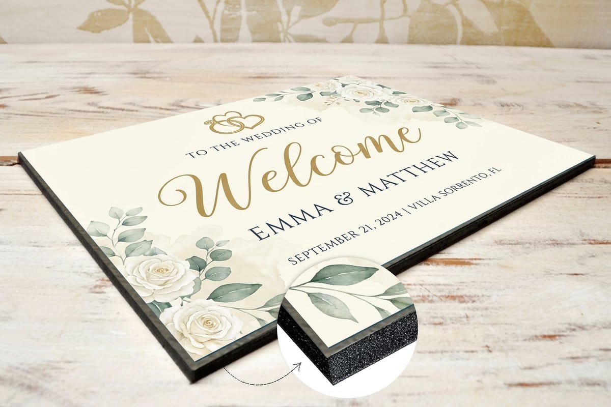 A printed welcome wedding sign from 4OVER4 set on an easel at a venue entrance