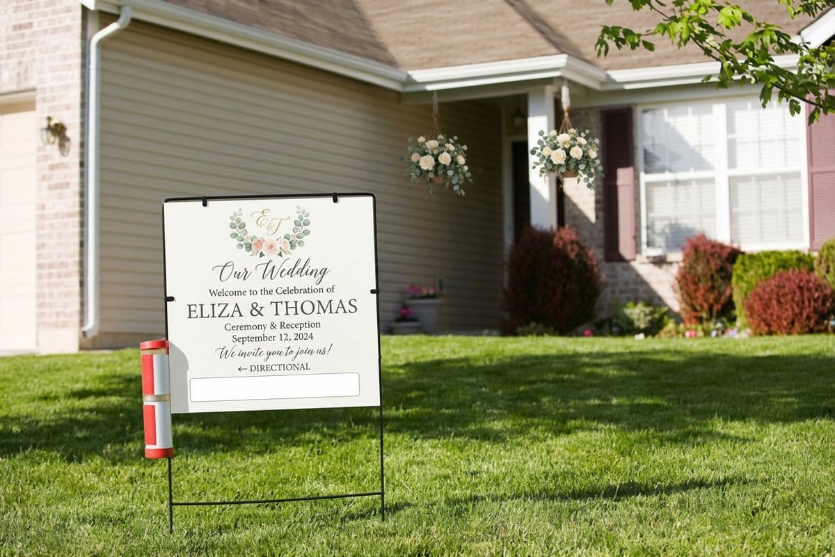 A wedding yard sign on a stake pointing guests toward the ceremony, printed by 4OVER4