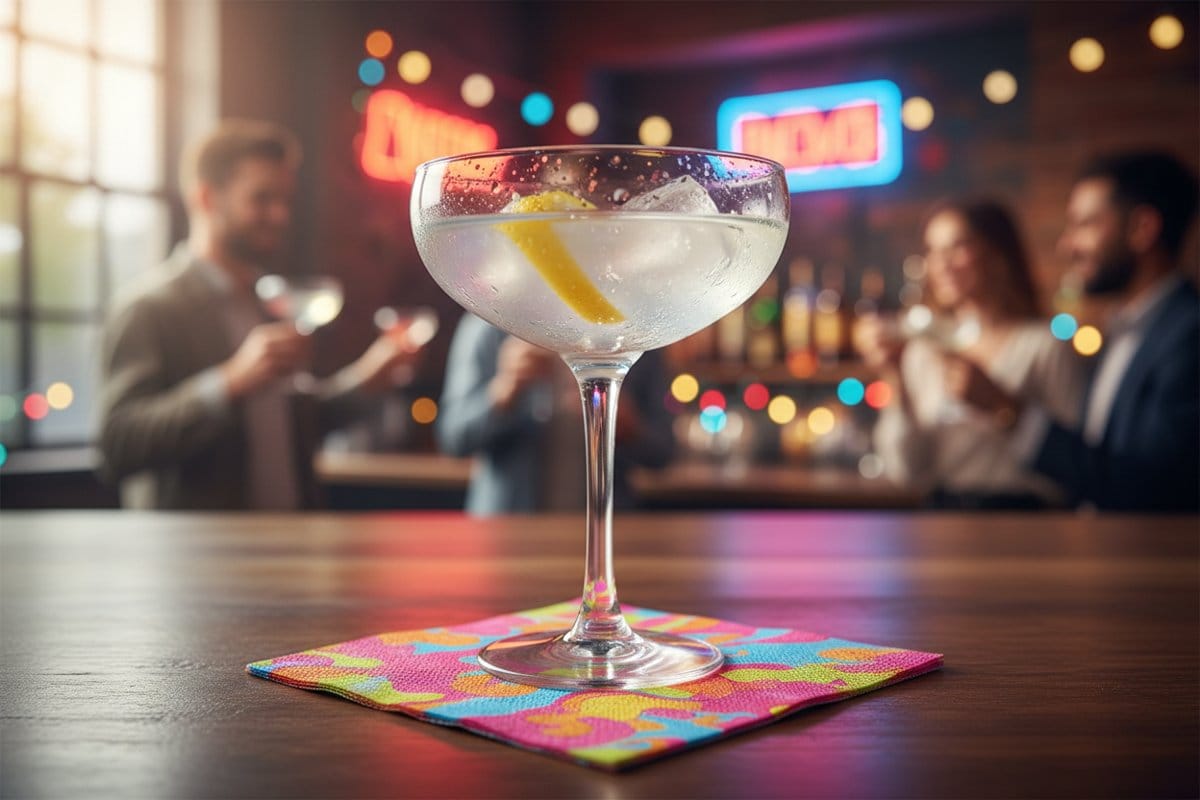 Colorful custom printed cocktail napkin under a coupe glass at a lively party bar