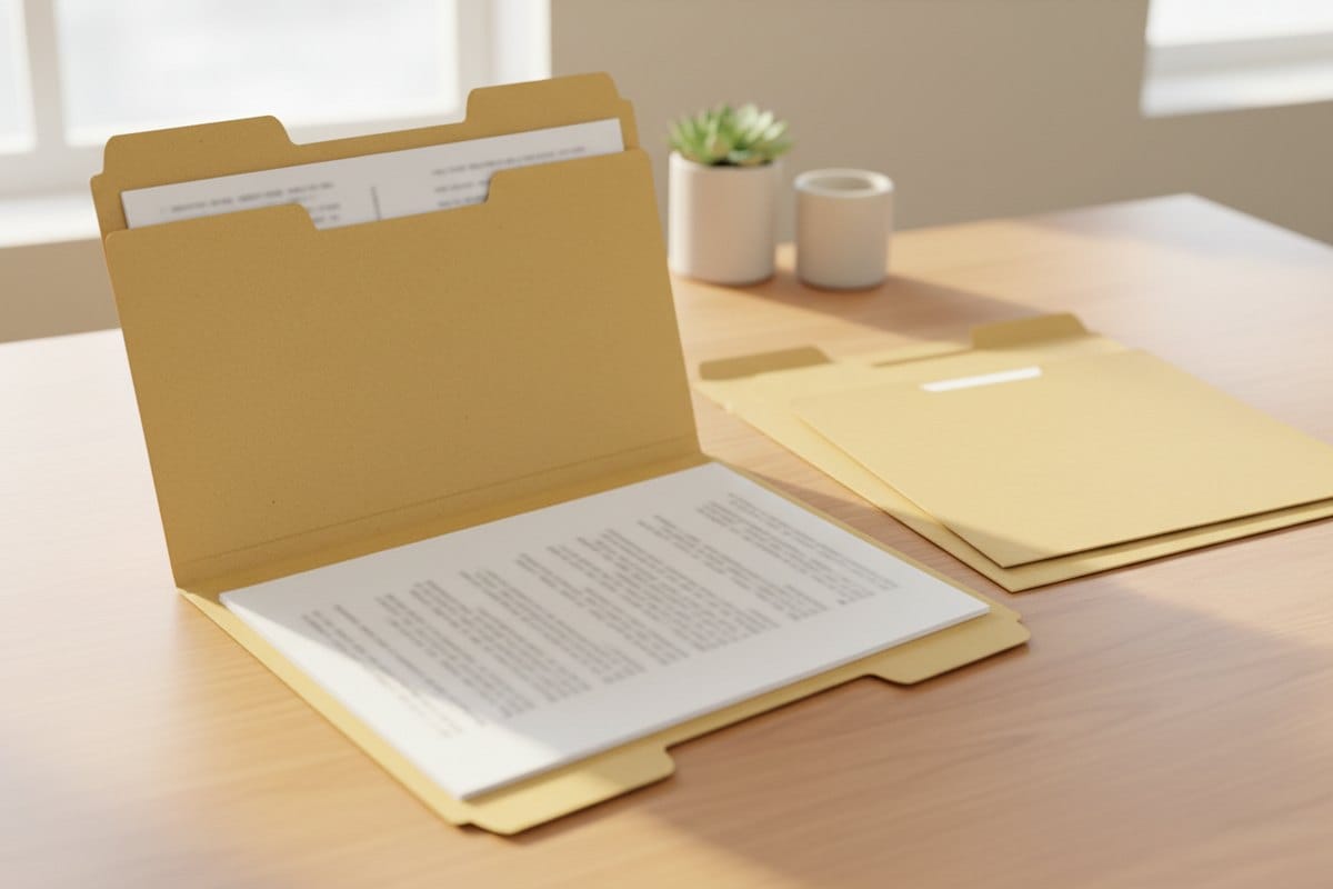 Manila file folders on a desk, one open to show the letter size sheets a standard file folder holds