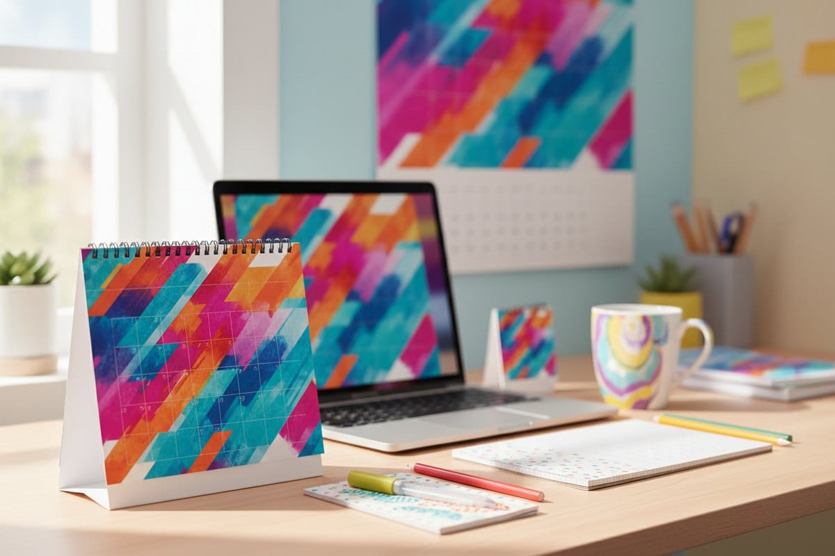 Desk-format calendar printed by 4OVER4 sized for a work surface