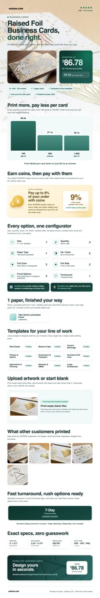 Raised Foil Business Cards pricing infographic