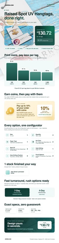 Raised Spot UV Hangtags pricing infographic