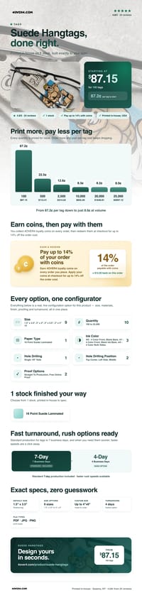 Suede Hangtags pricing infographic