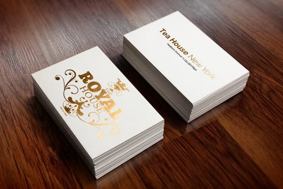 Real 4OVER4 foil business card printed for a customer, copper and metallic detail, example 8