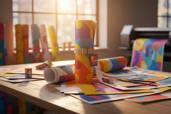 Feature image for Staples Poster Printing Alternative, large-format custom poster in vivid saturated color leaning on a