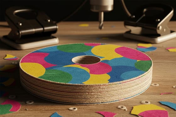 Close-up of Hole Drilling, printed hangtag with a precisely drilled round hole and natural twine threaded through, macro,