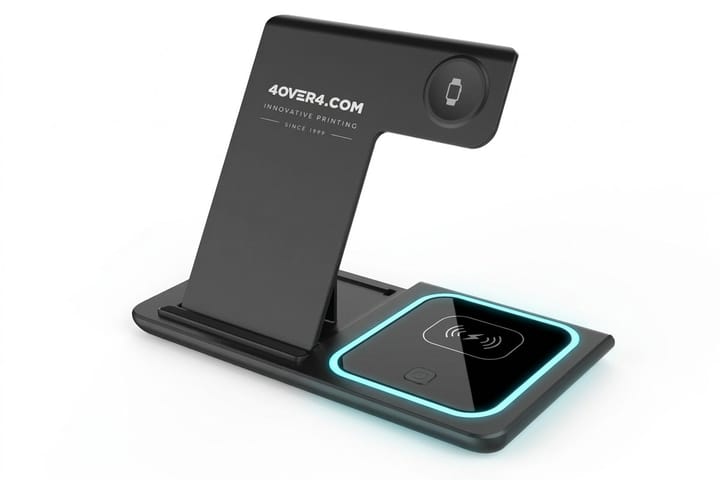 3 in 1 foldable wireless charger branded by 4OVER4 as a startup client gift