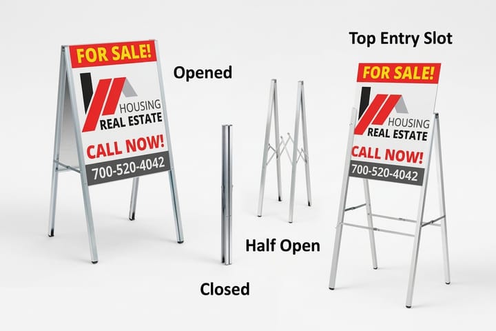 Aluminum a-frame sign printed by 4OVER4 on the sidewalk outside a gym