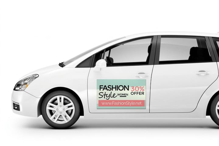 Custom car magnet from 4OVER4 applied to the painted door of a work vehicle