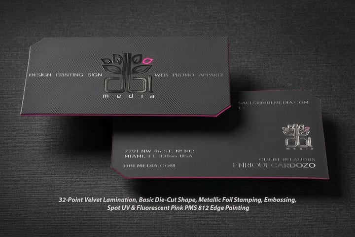 Majestic business cards from 4OVER4 with foil, embossing and a finished edge on thick laminated stock