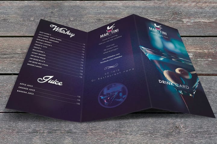 Tasting menus printed by 4OVER4 listing a wine flight for a tasting room