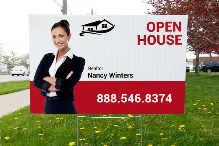 Real estate yard sign printed by 4OVER4 standing on a listed home's lawn