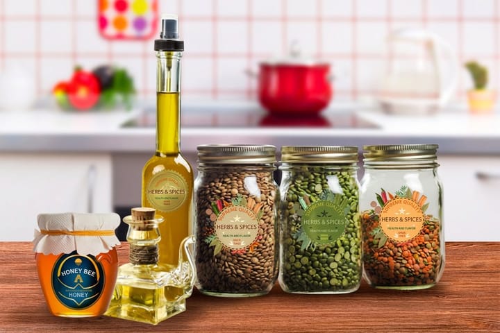 Standard canning labels from 4OVER4 on mason jars of preserves