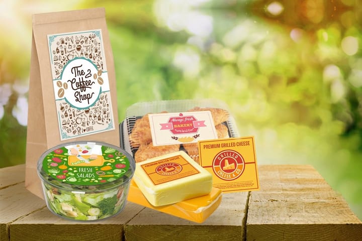 Standard food labels printed by 4OVER4 on deli grab-and-go containers