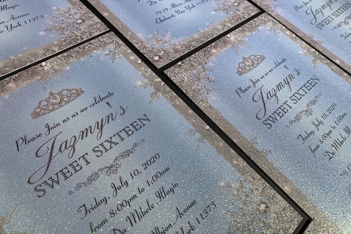 Ultra thick diamond glitter invitations from 4OVER4 on 32pt glitter cover