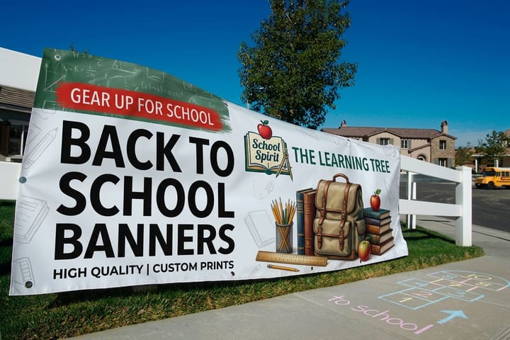Back to school banner printed by 4OVER4 welcoming students over a classroom door