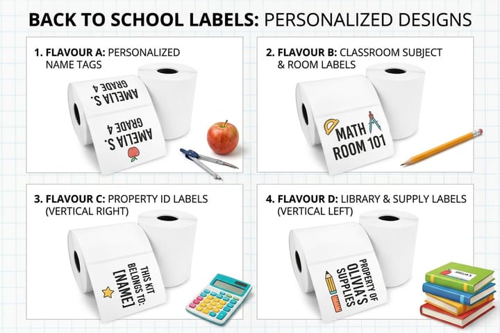 Back to school labels printed by 4OVER4 organizing classroom supplies and cubbies