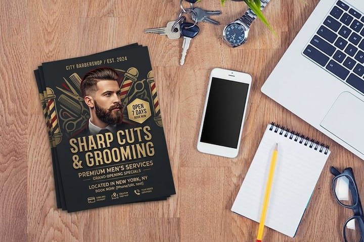 Barber flyers printed by 4OVER4 promoting a first haircut discount