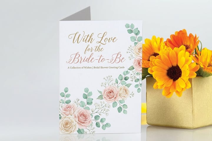 Bridal shower greeting cards printed by 4OVER4 fanned out on a table