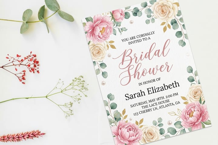 Bridal shower invitations printed by 4OVER4 laid out with envelopes