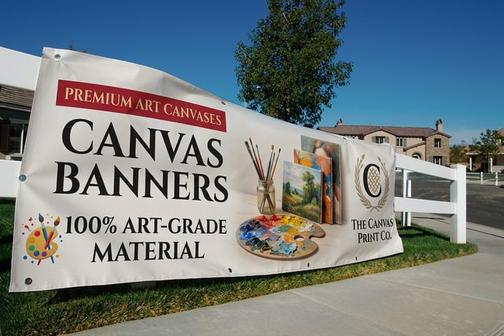 Canvas banner printed by 4OVER4 hanging as a textured gallery-style wall piece