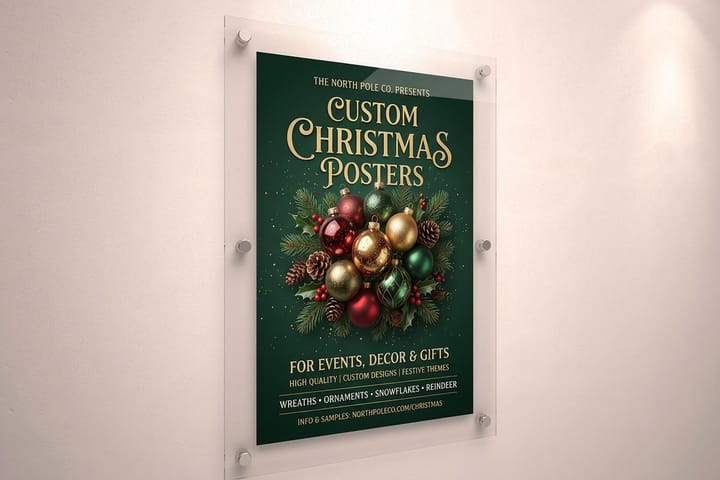 Christmas posters printed by 4OVER4 displayed inside a retail store during a holiday sale