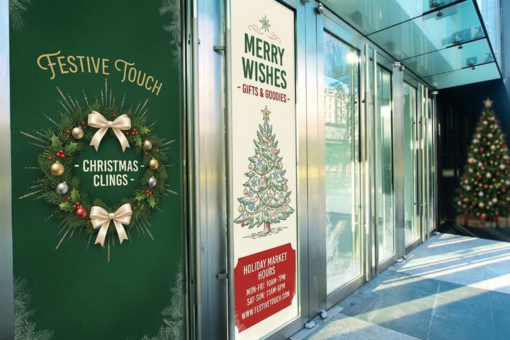 Christmas window clings printed by 4OVER4 applied to a retail storefront window