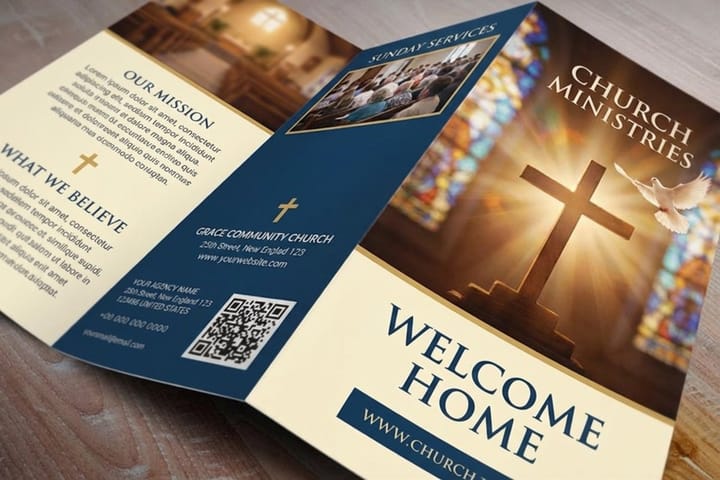 Church welcome brochures printed by 4OVER4 folded and displayed for visitors
