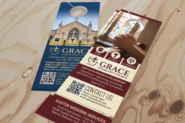 Church door hangers printed by 4OVER4 ready for a neighborhood invitation walk