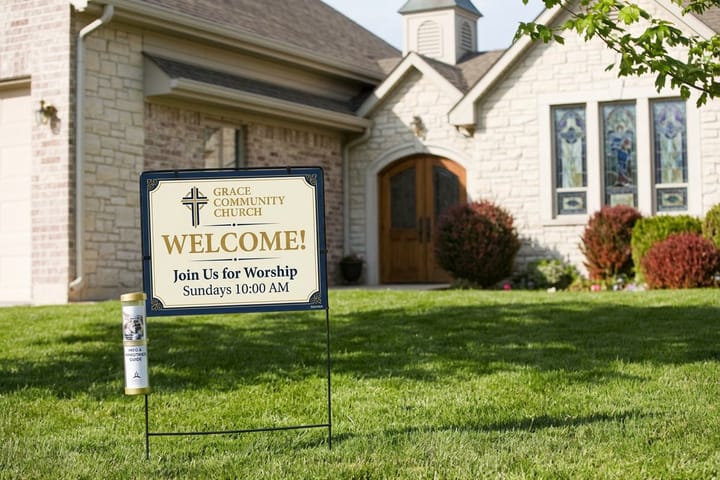 Church yard signs printed by 4OVER4 announcing service times by the road