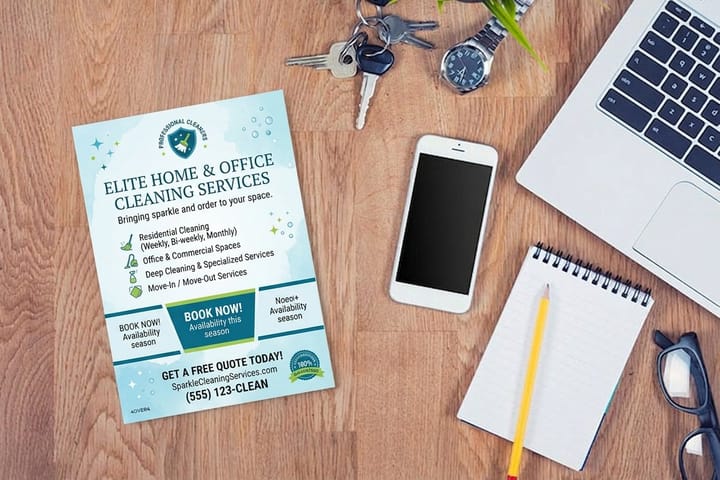 Cleaning service flyers printed by 4OVER4 promoting a first-clean offer