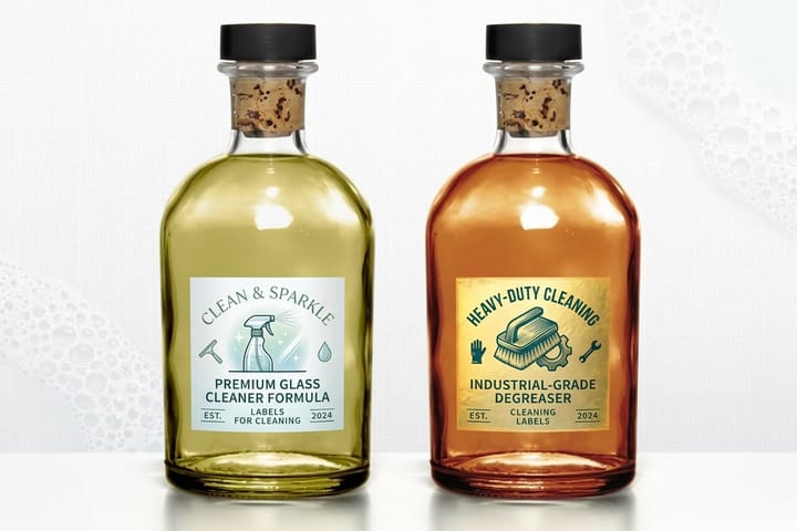 Cleaning labels printed by 4OVER4 with a cleaned and sanitized seal for bathrooms and branded supply bottles