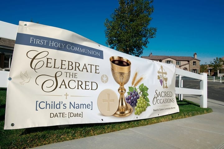 Communion banner printed by 4OVER4 naming the child and the date of the ceremony