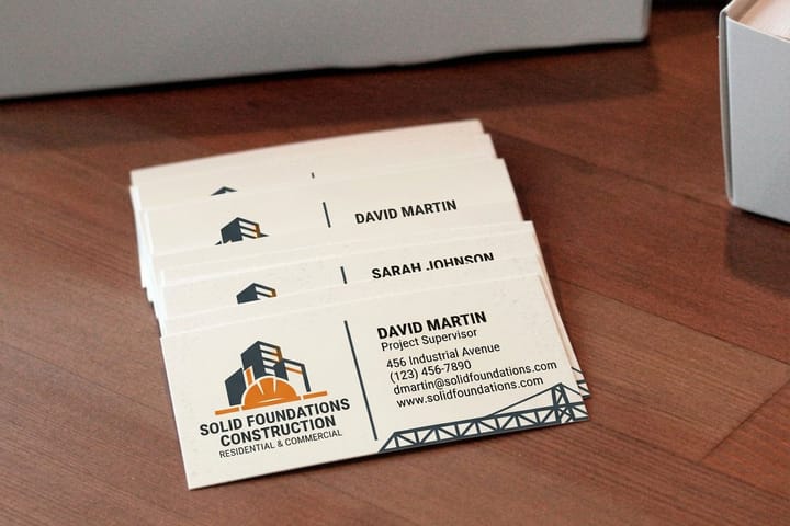 Construction business cards printed by 4OVER4 for a contractor's estimates and referrals