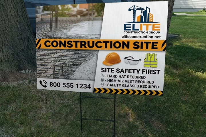 Construction site signs printed by 4OVER4 for a jobsite entrance