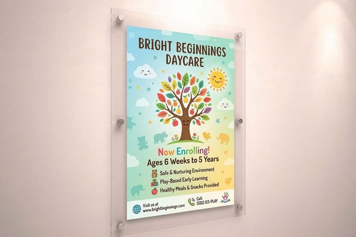 Daycare sign printed by 4OVER4 mounted at the entrance of a childcare center