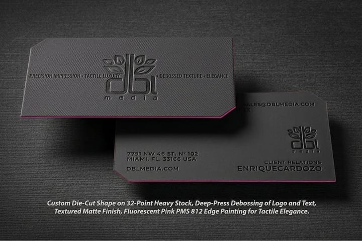 Debossed business cards printed by 4OVER4 with the logo pressed into a thick uncoated sheet