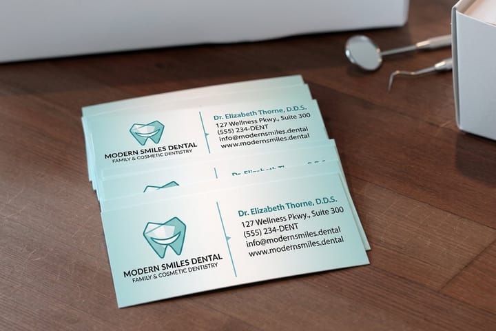 Dental business cards printed by 4OVER4 stacked at a practice front desk