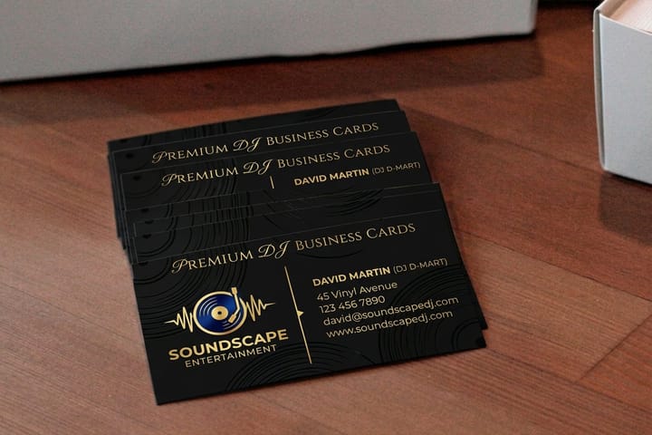 DJ business cards printed by 4OVER4 fanned out beside a mixer