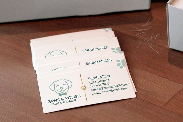 Dog grooming business cards printed by 4OVER4 stacked at the front desk