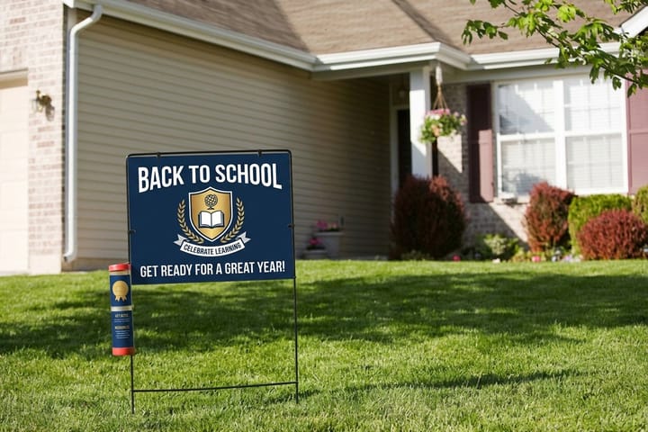 Education yard signs printed by 4OVER4 marking a school open house at the entrance