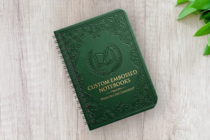 Embossed notebooks printed by 4OVER4 with a raised logo pressed into the cover stock