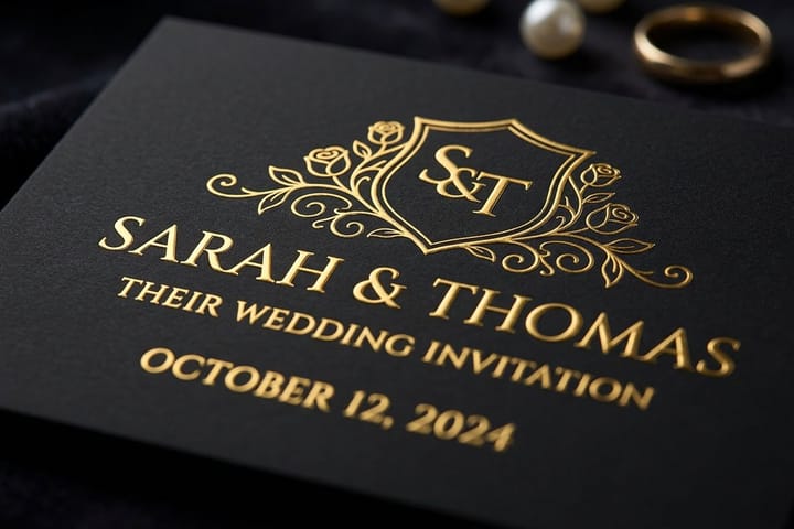 Embossed wedding invitations printed by 4OVER4 showing a raised monogram on heavy stock