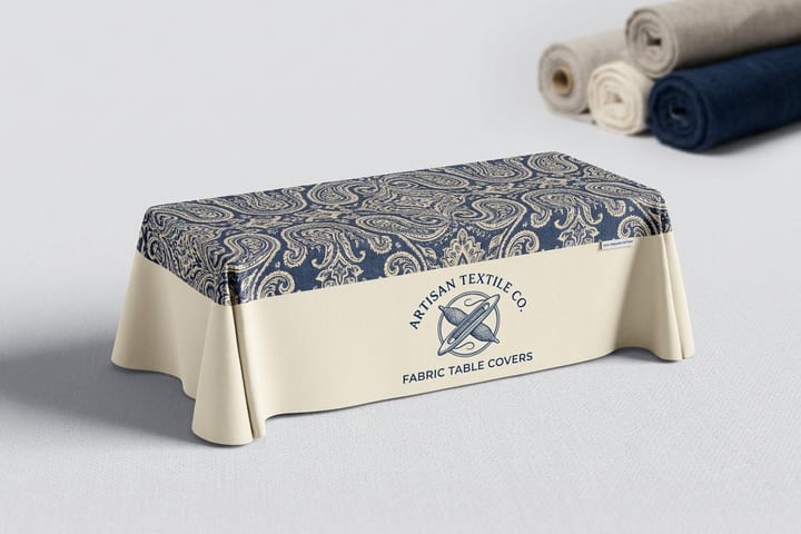 Fabric table cover printed by 4OVER4 with a logo across a trade show booth table