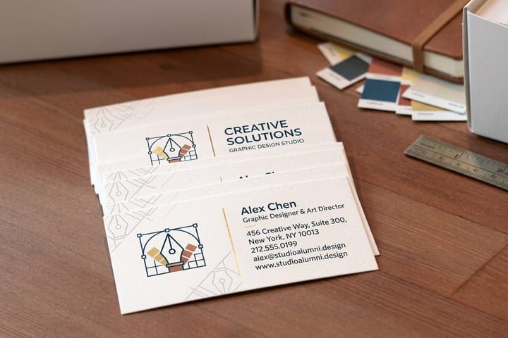 Graphic designer business cards printed by 4OVER4 in a stack showing front and back