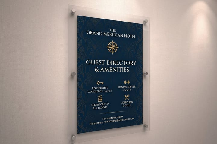 Hotel signs printed by 4OVER4 for exterior and lobby wayfinding