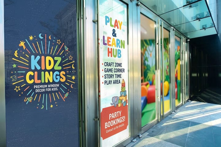 Kids window clings printed by 4OVER4 decorating the front glass of a daycare